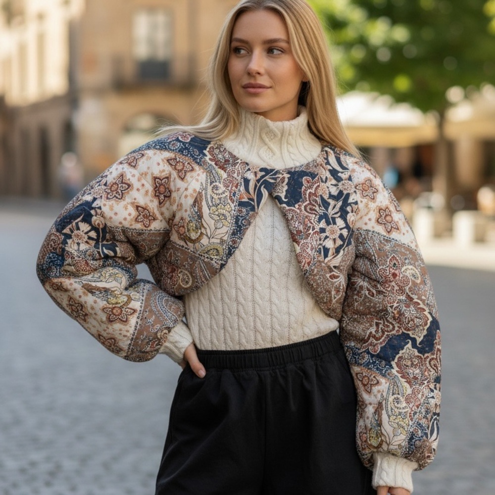 NWT House Of Harlow 1960 Quilted Paisley Print Cropped Jacket Puff Sleeve OS